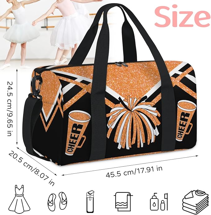 Custom Sports Cheer Gym Bag for Women Teens, Orange Glitters Black Cheerleading Theme Personalized Travel Overnight Small Duffel Gymnastics Swimming Sleepover Overnight Sports Bag