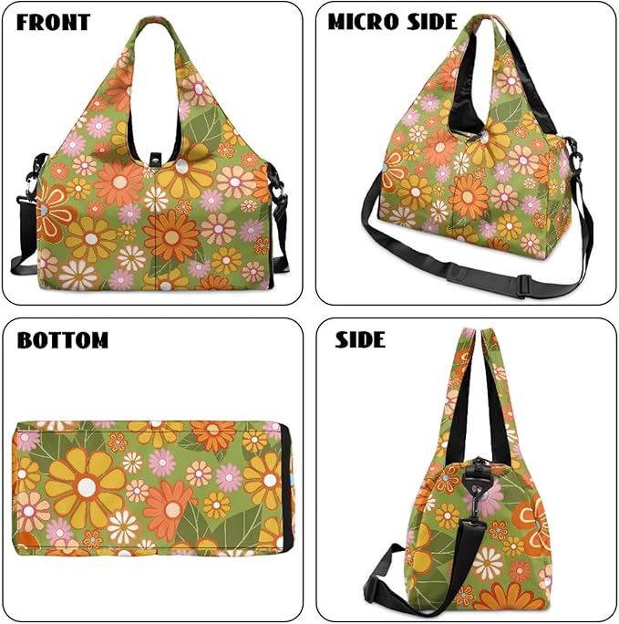 Floral Womens Gym Bag with Yoga Mat Holder and Shoe Compartment, Waterproof Portable Green Sport Tote Bag for Women with Spacious Wet Pockets Gym Bag for Daily Use