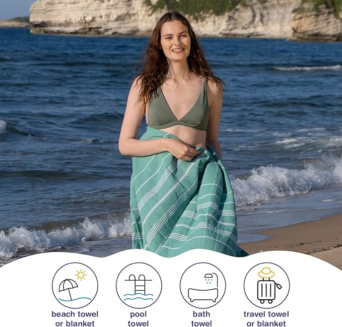 Turkish Beach Towels, Bulk Case of 36 | Oversized, Quick Dry, Sand Free | 100% Cotton, Large 38x71 Towels for Beach, Pool, Travel | Ultra-Soft, Compact, Absorbent | Green