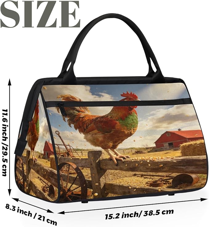 Travel Gym Carrying Bag - Autumn Farm Rooster Overnight Weekender Bag for Women Men Girls - Shoulder Large Capacity Tote Bag for Travel, Yoga, School,Mommy Hospital Bag for Labor and Delivery