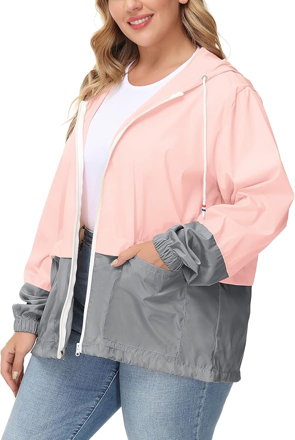 Avoogue Plus Size Raincoat Women Waterproof Rain Jacket Packable Outdoor Hooded Windbreaker