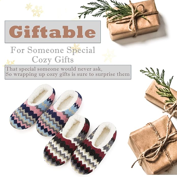 Cozylook 2-Pair Women's Soft Sole Slipper Socks with Grippers, Thick Warm Cozy Sherpa Lined Home Socks Set, Cable Knitted Non-slip Fluffy Winter House Bedroom Slippers