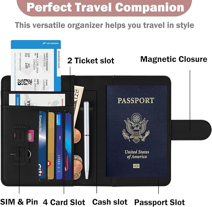 HOTCOOL Passport Holder Travel Essentials Airplane & Cruise Essentials Ship Leather Wallet Cover Case RFID Blocking Women & Men Vacation Travel Accessories Gifts Deals, Litchi - Black
