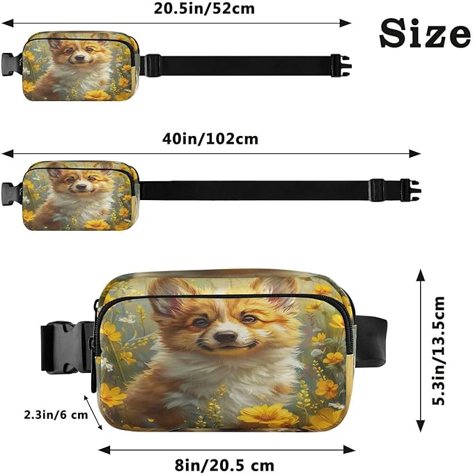 Cute Corgi Puppy Yellow Flowers Fanny Pack for Women Men Water Resistant Fashion Waist Packs with Adjustable Strap Belt Bag for Travel Workout Jogging Hiking 21219846