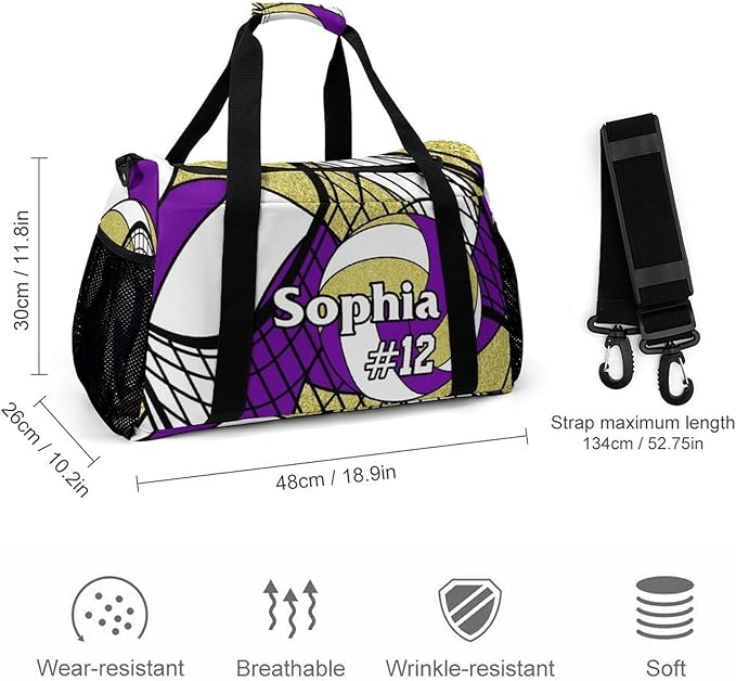Custom Volleyball Purple Gold Duffel Bag with Name Personalized Travel Bags Sport Gym Bag Carry On Weekender Bags for Men Women