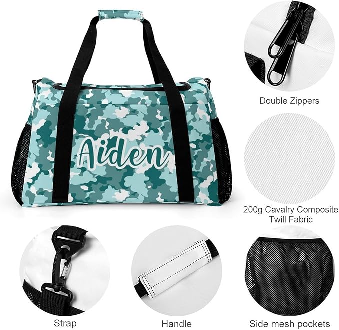 Duffle Bag, Personalized Name Camouflage Camo Teal Blue Pattern Travel Bag, Lightweight Gym Training Sports Bags Custom Unisex Gifts for Men Women