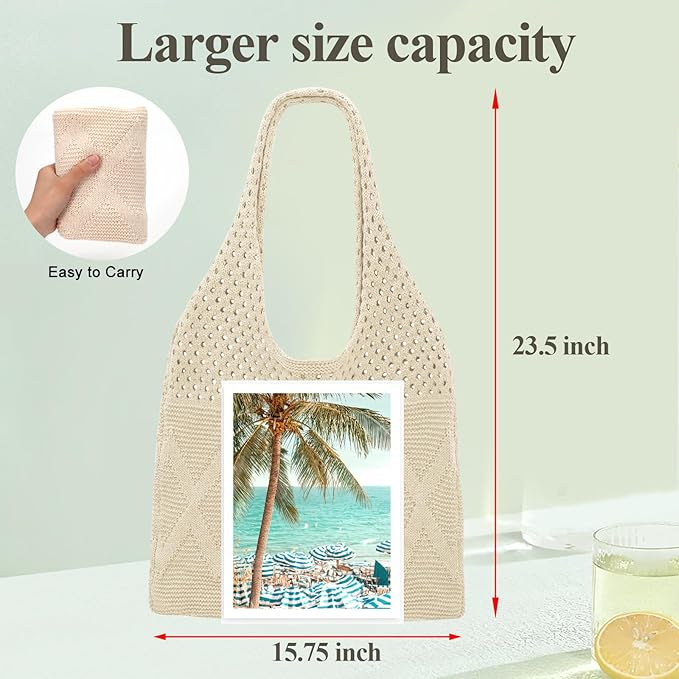 SUOSDEY Crochet Mesh Beach Tote Bag, Knit Summer Vacation Aesthetic Boho Tote Bag for Women