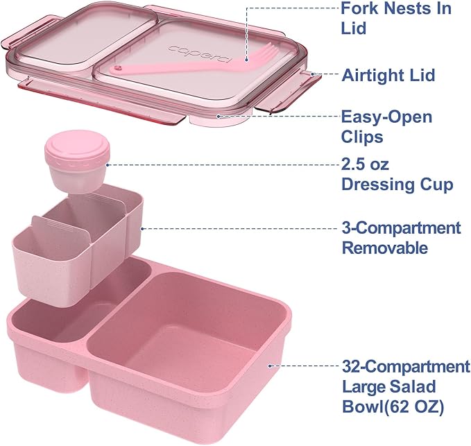 Caperci 2 Pack Salad Container for Lunch - 62 oz Large Bento Lunch Box for Adults, 2-Compartment Meal Prep Container with Removable Toppings Tray, Sauce Cup, Reusable Fork, BPA-Free (Navy & Pink)
