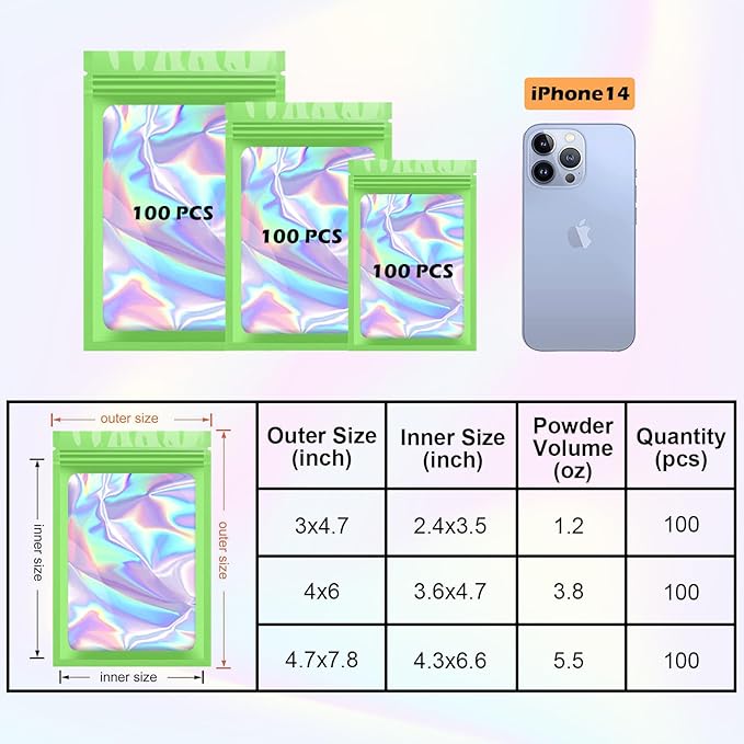 300 Pcs Holographic Mylar Bags, 3 Size Smell Proof Bags with Clear Window Foil Pouch Bags Resealable Bags for Small Business and Food Storage, Green