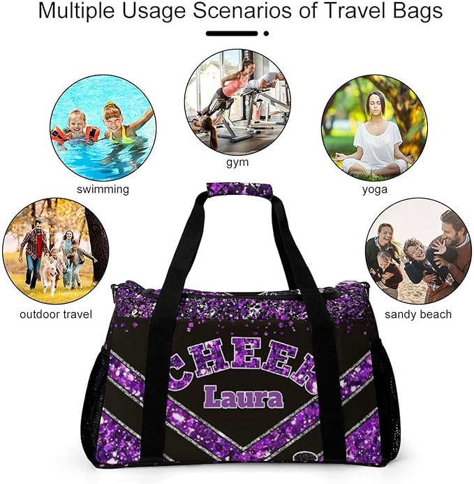 Personalized Cheer Bag Gifts for Girls Sport Cheerleading Gym Travel Duffel Bag Overnight Weekender Bags with Name (Purple)