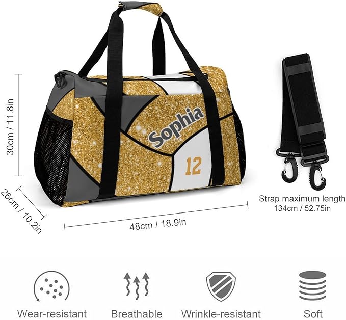 Custom Gold Glitter Print Volleyball Duffel Bag with Name Personalized Travel Bags Sport Gym Bag Carry On Weekender Bags for Men Women
