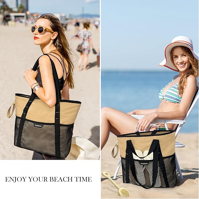 Large Beach Bag with Zipper-8 Pockets Sandproof Beach Tote Bag for Women,Foldable Lightweight Family Swim Bag Vacation