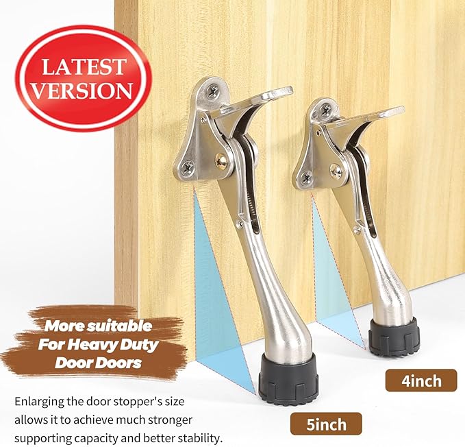 Kickdown Door Stopper 5Inches - 2 Packs One Touch Adjustable Height Door Stop for The Bottom of Door The Bottom of Door Aluminum Alloy Metal Door Stopper with Rubber Tip Silver Gray