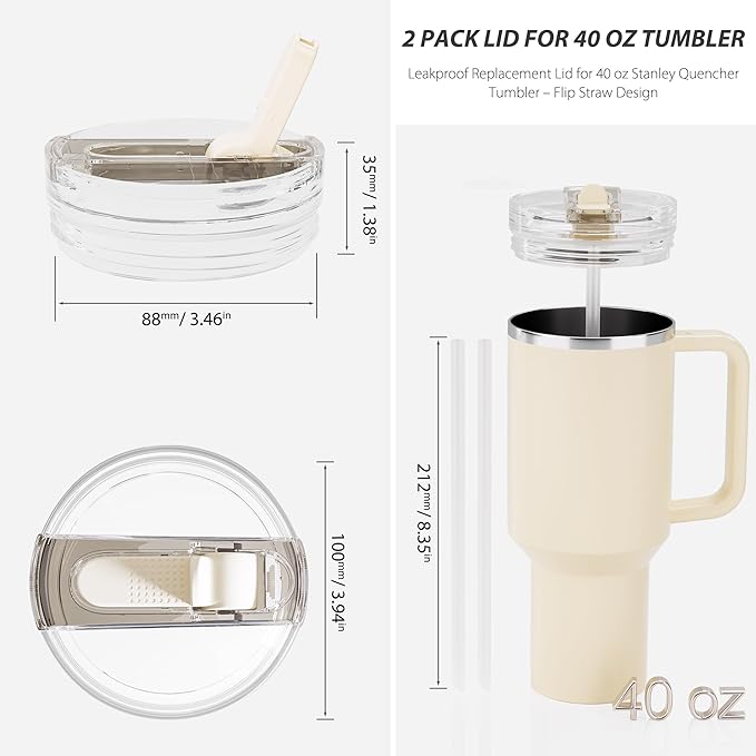 2 Pack Flip Straw Lid for Stanley 40 oz Quencher H2.0 & ProTour (Cream)