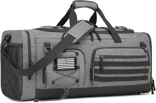 Gym Bag for Men and Women, 50L Extra Large Duffle Bag, 3-in-1 Travel Sports Duffel Bags with Shoe & Laptop Compartment for Overnight Weekender Gym Traveling Workout Deployment, Black + Gray