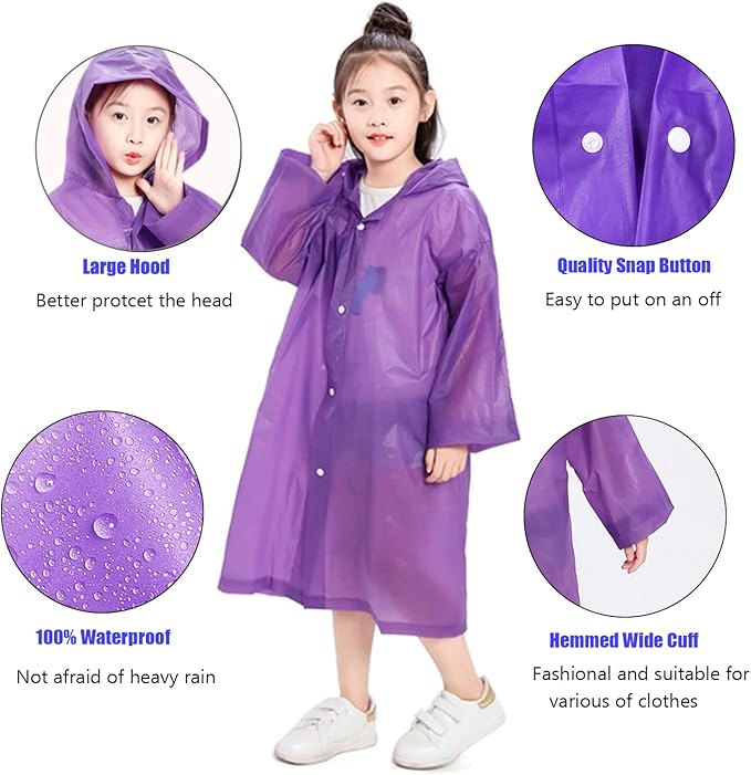 Rain Ponchos for Kids, 2 Pack Reusable Raincoats Jackets with Hoods and Sleeves Lightweight for Girls Boys