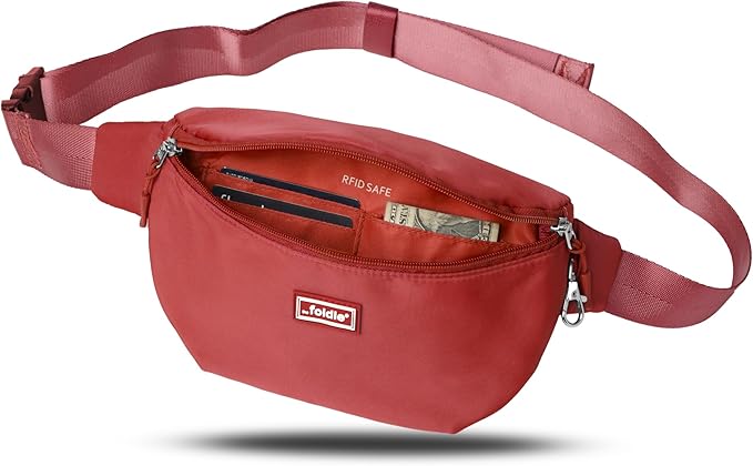 The Foldie Foldable Crossbody Bags for Women & Men - Anti-Theft RFID-Safe Fanny Pack with Smart Lockable Zippers and Cut-Resistant Strap - Lightweight Waist Pack for Travel & Everyday Use - Red