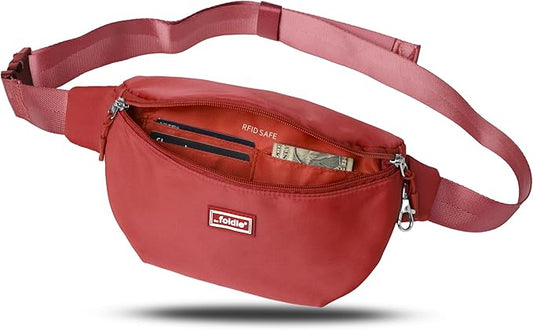 The Foldie Foldable Crossbody Bags for Women & Men - Anti-Theft RFID-Safe Fanny Pack with Smart Lockable Zippers and Cut-Resistant Strap - Lightweight Waist Pack for Travel & Everyday Use - Red