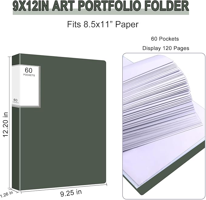 Art Portfolio Binder, Display Book with Plastic Sleeves, 60 Pocket Binder with Plastic Sleeves, Displays 120 Pages of Documents for Artwork, Document Organize