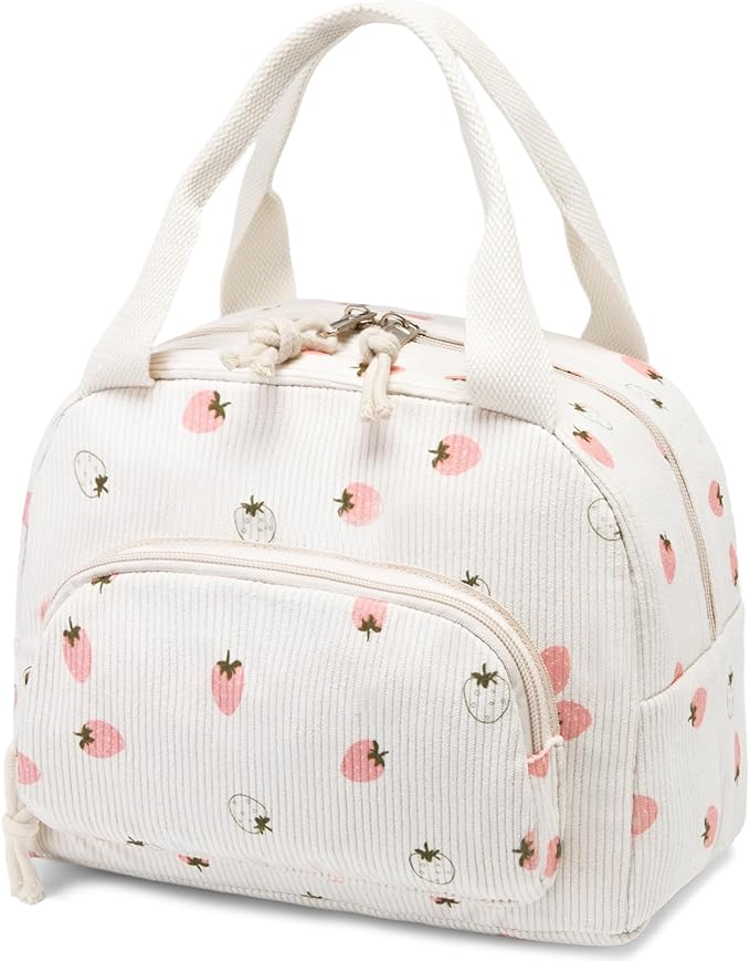 Lunch Bag Women Lunch Box for Women Adult Cute Insulated Lunch Bag Small Cooler Lunch Tote Bags for Work Picnic School (Beige-Light Strawberry)