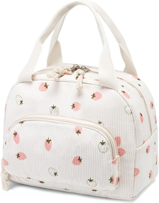 Lunch Bag Women Lunch Box for Women Adult Cute Insulated Lunch Bag Small Cooler Lunch Tote Bags for Work Picnic School (Beige-Light Strawberry)
