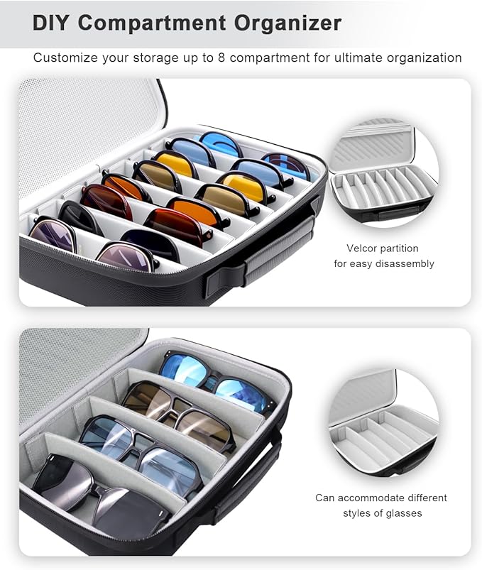 Krypthos Travel Sunglasses Organizer Case, Portable Eyeglasses Storage Box, Adjustable Multi-Compartments & Crushproof Design, Holds Up to 8 Pairs, Eyewear Display Case for Men Women