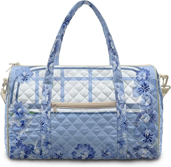 COEQINE Quilted Tote Bag Large Car Duffel Bag Women Travel Blue White Floral Camping Car Gym Bag for Womens for Overnight, Weekend, Yoga