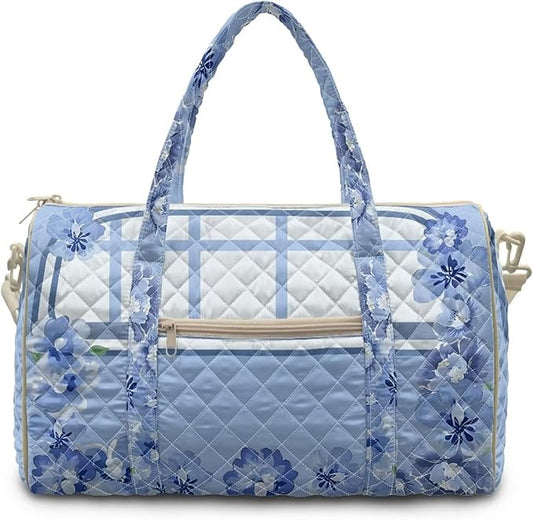 COEQINE Quilted Tote Bag Large Car Duffel Bag Women Travel Blue White Floral Camping Car Gym Bag for Womens for Overnight, Weekend, Yoga