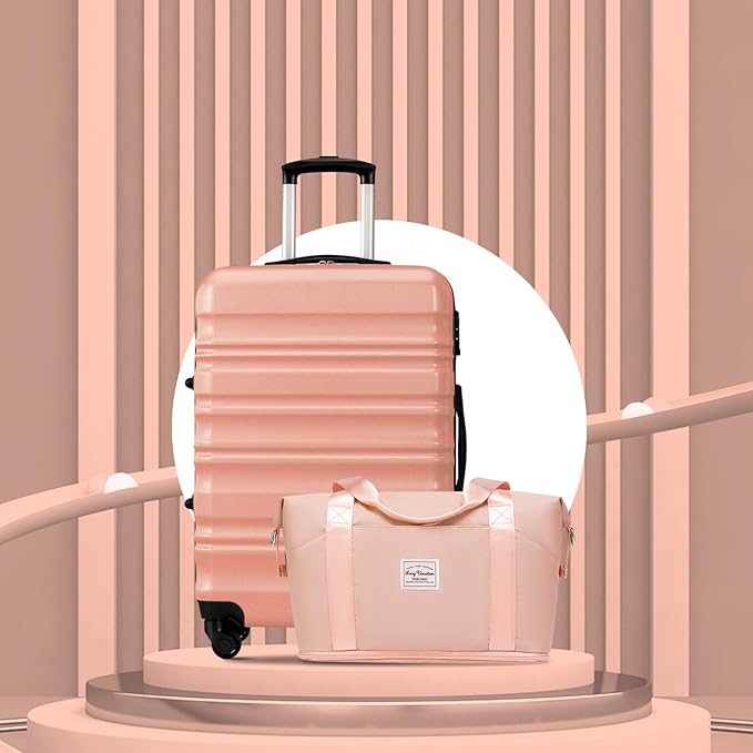 LONG VACATION 6 Piece Luggage Set Carry on Suitcase with ABS+PC hardshell, Spinner Wheels & YKK Zipper TSA Lock (PINK, 6 piece set)
