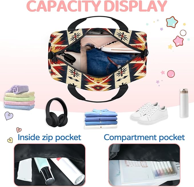 Aztec floral Travel Duffle Bag for Women Men, Overnight Weekender Bag, Carry on Tote for Sport Gym