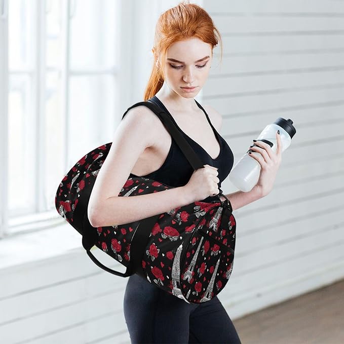 MNSRUU Sports Duffel Bags, Eiffel Tower Rose Athletic Gym Bag Overnight Workout Travel Tote Luggage for Men Women Yoga