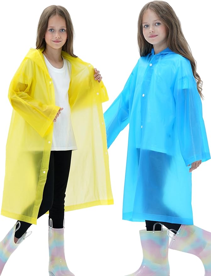 2 Pack Raincoats for Kids, Reusable Rain Ponchos with Hood and Sleeves Rain Coats for Boys and Girls