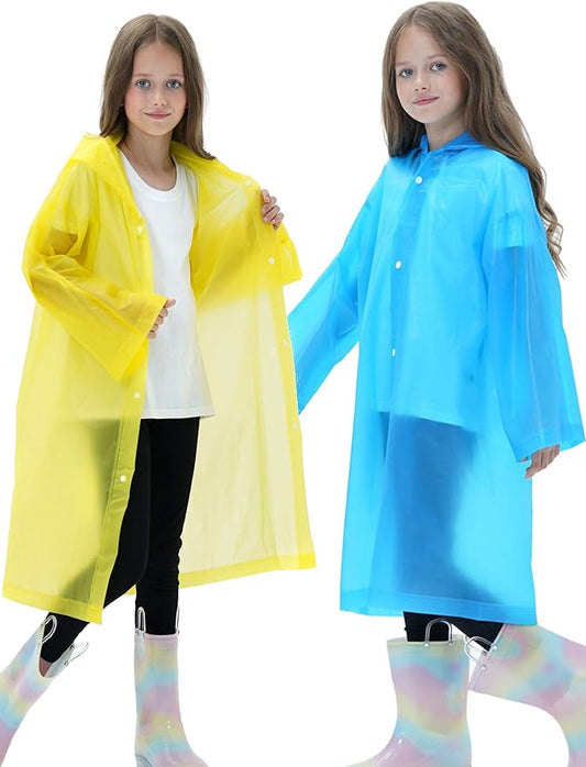 2 Pack Raincoats for Kids, Reusable Rain Ponchos with Hood and Sleeves Rain Coats for Boys and Girls