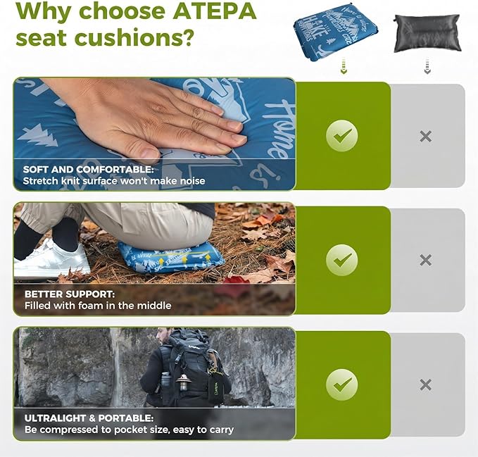 ATEPA Inflatable Seat Cushion, Self-Inflating Portable Stadium Airplane Travel Foam Cushion Pad for Camping, Sports Events, Outdoor
