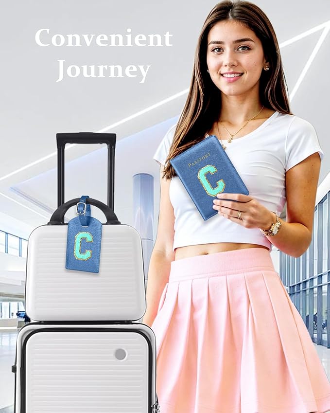 Slohif Passport Holder Initial Lugguage Tag Set Suitcase Cover Wallet Case for Travel Women - Leather Letter Passport Book Personalized Organizer Card Protector Sleeve Essentials Slim Carrier Blue C