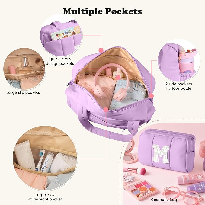 Initial Duffle Bag, Carry On Bags for Women，Gifts for Women 20s-Overnight Bag with Wet Pocket，Lightweight Travel Bags Personalized Gym Tote with Makeup Pouch
