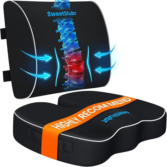 Ergonomic Memory Foam Seat Cushion & Lumbar Support Pillow Set, Orthopedic Coccyx Cushion for Office Chair, Car, Home – Relieves Back, Sciatica & Tailbone Pain, Improves Posture Black/Large