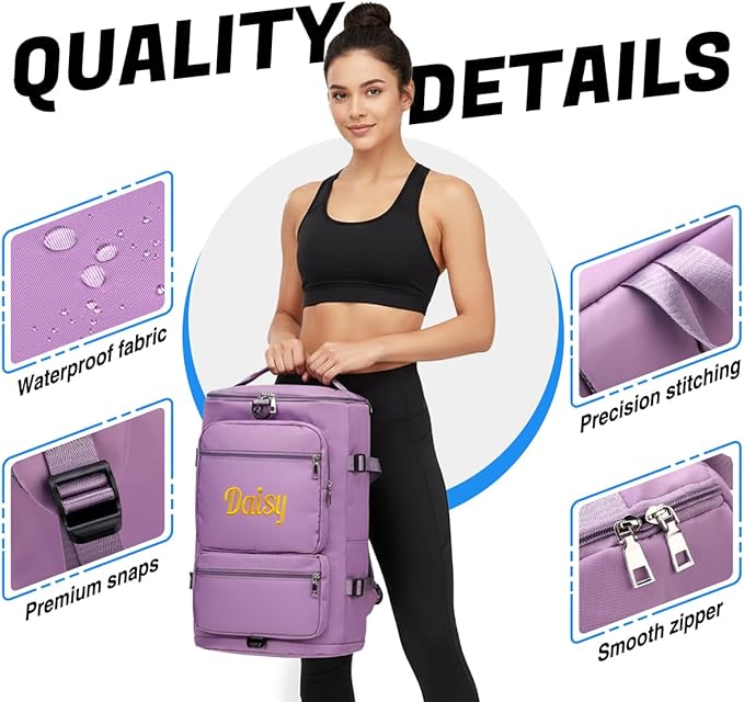Personalized Sports Duffel Bag, 35L Custom Embroidered Gym Backpack for Men Women, Travel Weekender Bag with Shoe & Laptop Compartment, Carry On Overnight Workout Bag(Light Blue)
