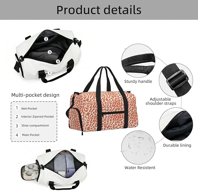 Amber Color And White Leopard Print Women'S Gym Duffle Bag With Shoes Compartment, Ideal For Travel, Gym, Sports, Duffel, Weekender