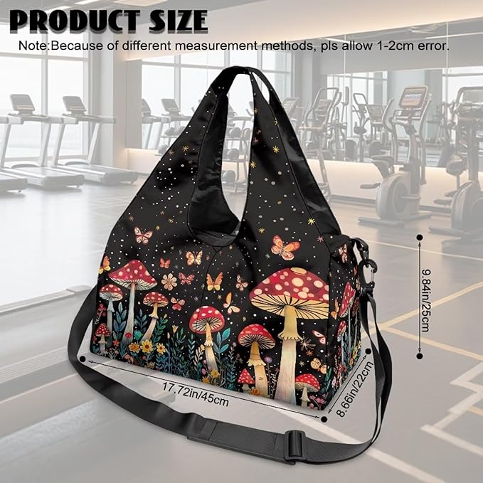 Mushroom Butterfly Gym Bag for Women Sports Travel Duffle Bag with Shoe Compartment Lightweight Swim Overnight Weekender Yoga Carry on Bags Gifts for Mom, Wife, Daughter