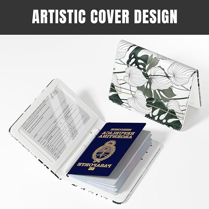 Rimilak Passport Holder, RFID Blocking Passport Cover Wallet Travel Essentials, Leather Travel Air Ticket Documents Organizer Protector for Women and Men, Tropical Plants
