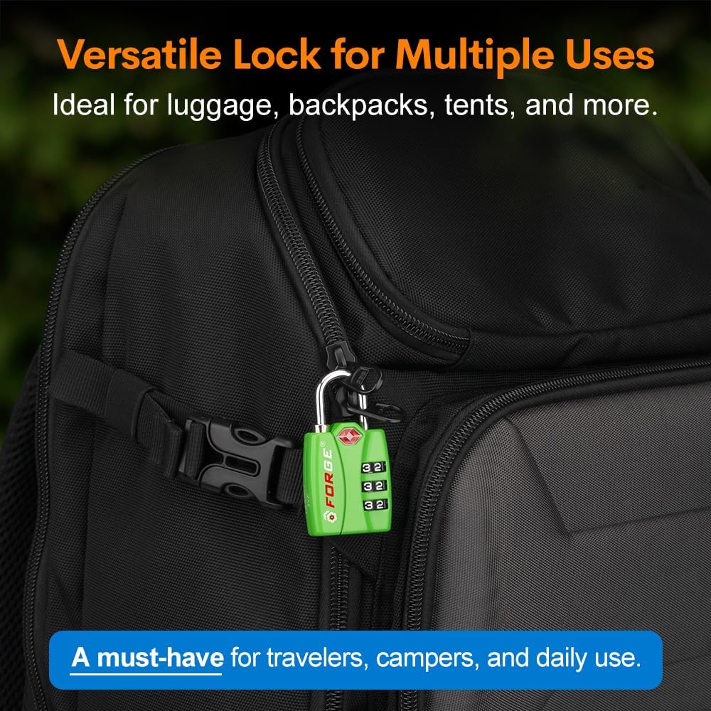 Forge Luggage Locks TSA Approved 4 Pack 4 Colors, Small Combination Lock with Zinc Alloy Body, Open Alert, Easy Read Dials, for Travel Suitcase, Bag, Backpack, Lockers.