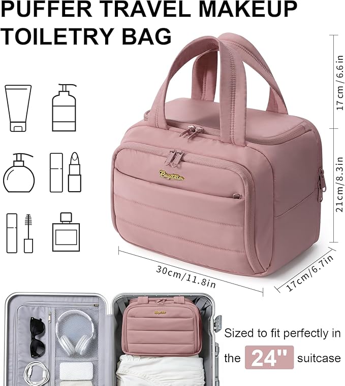 Travel Toiletry Bag for Women, Lightweight Large Quilted Puffy Makeup Bag Wide-open Make up Organizer Cloud Cosmetic Bag w/Handle for Traveling, Toiletries Essentials Accessories Dark Pink