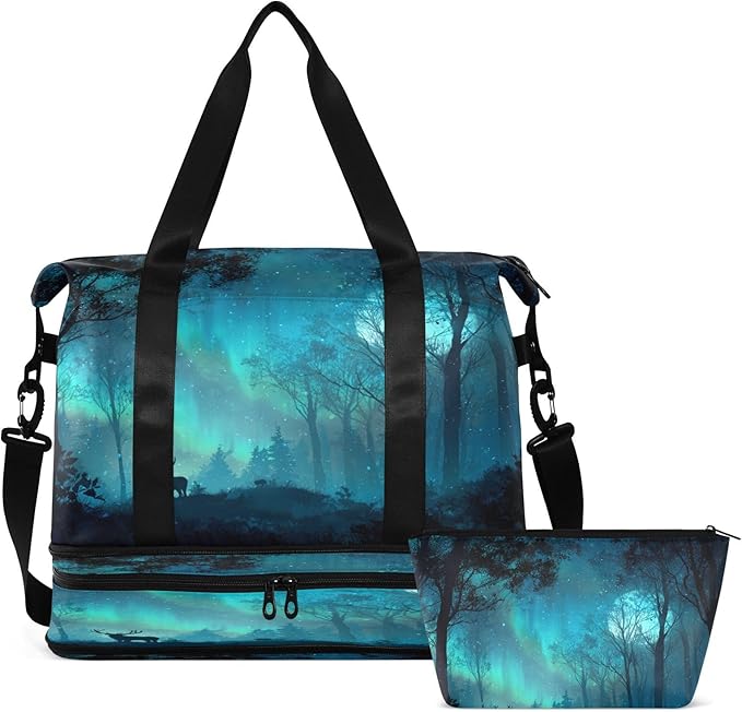 Travel Duffel Bags for Women Cute Forest Deer Silhouette Print Sports Duffel Bags Gym Bags with Shoes Compartment Tote Bag Weekender Bag for Travelling
