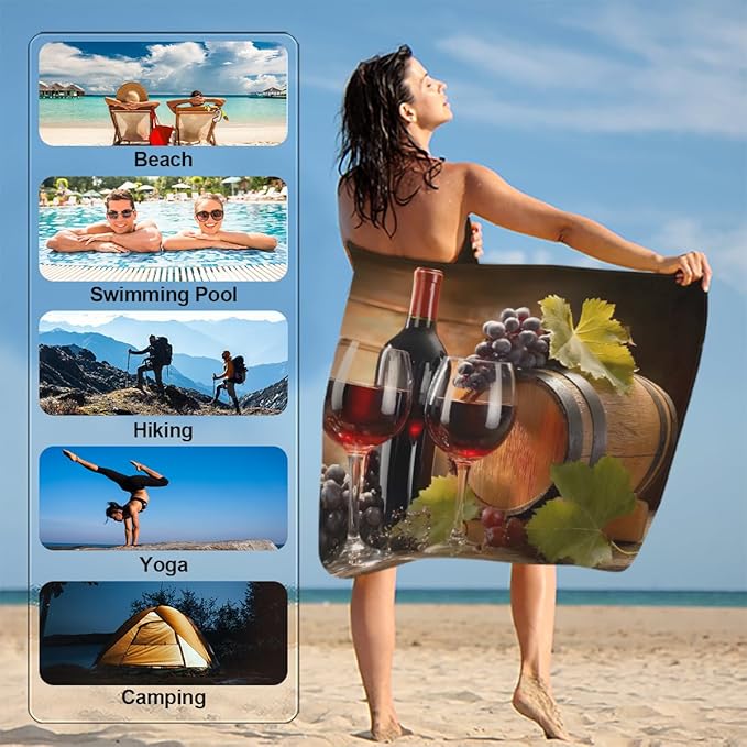 Wine Barrel Fruit Bowl Beach Towel, Large Microfiber Quick Dry Lightweight Pool Bath Towels Sand Free Beach Blanket for Summer Cruise Yoga Camping Travel Vacation Essentials 31 x 61 in