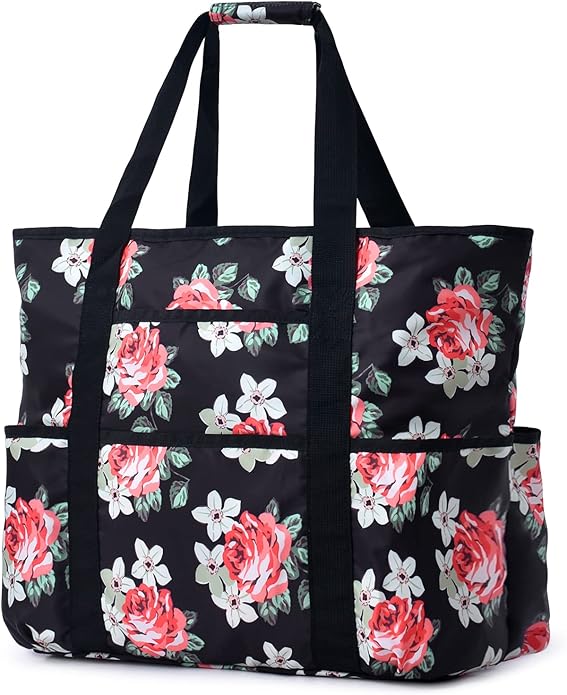 Becokan Beach Bags for Women Large Beach Tote Bag with Zipper Pockets Beach Bag Waterproof Sandproof Travel Nurse Tote Bag