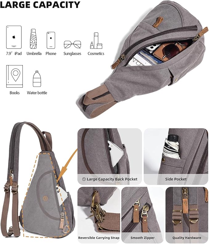KL928 Canvas Sling Bag - Small Crossbody Backpack Shoulder Casual Daypack Rucksack for Men Women(Large Version,Dark Grey)
