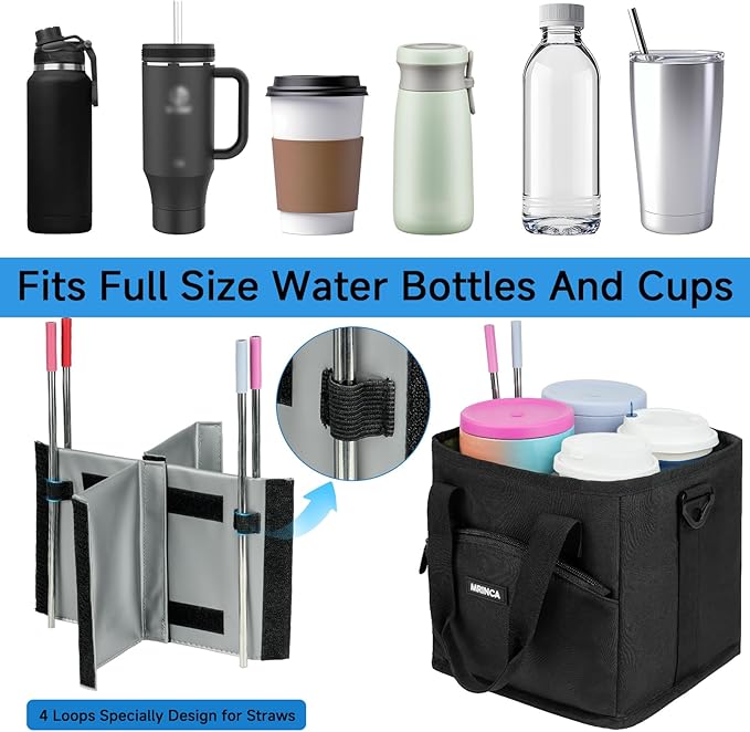Reusable Drink Carrier with Handle – Insulated, Collapsible 4-Cup Beverage Bag with No-Spill Base, Adjustable Dividers & Shoulder Strap, Portable Caddy for Delivery, Car and Travel, Black
