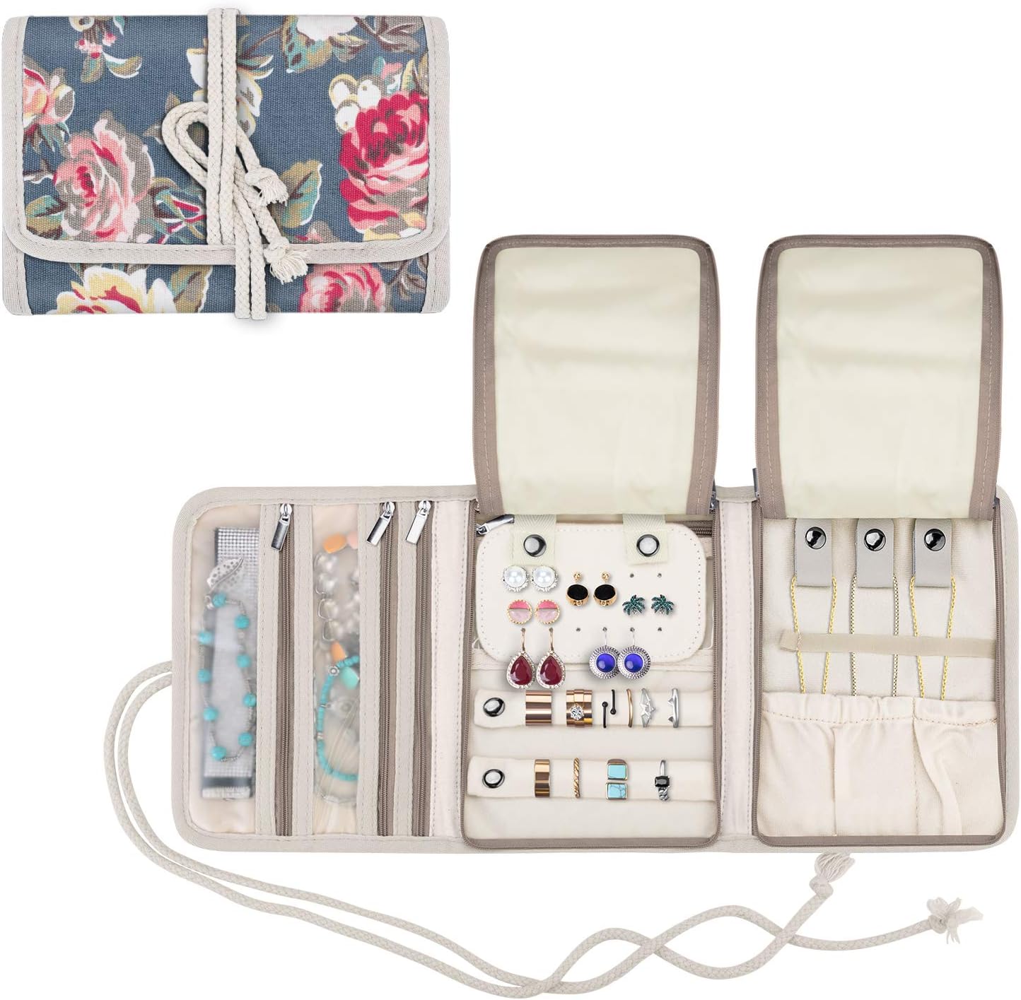 Teamoy Travel Jewelry Roll, Jewelry Storage Bag Organizer for Necklaces, Earrings, Bracelets, Rings, Brooches and More, Compact and Easy to Carry, Peony
