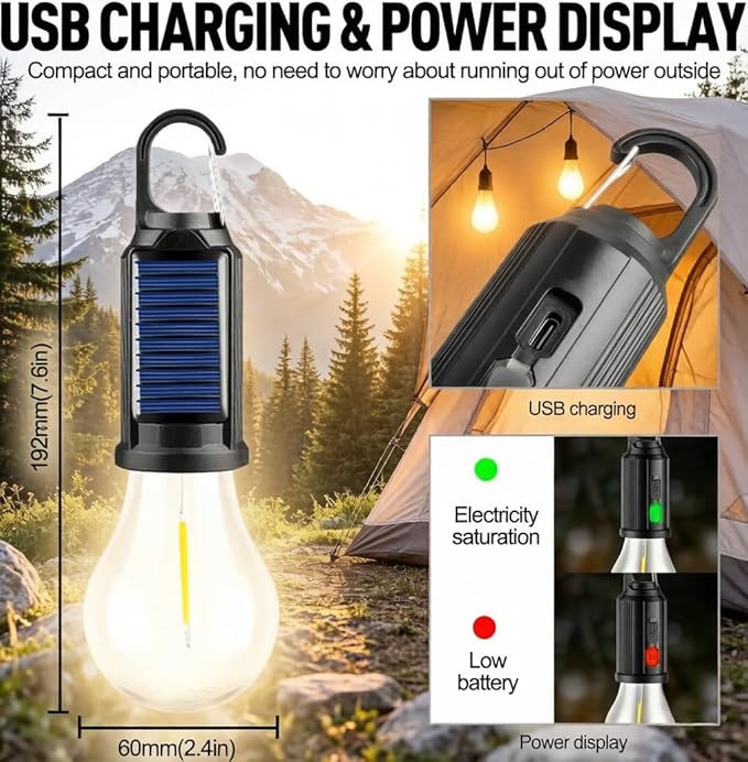 4-Pack Solar Camping Lantern, Portable LED Solar USB Rechargeable Lantern Flashlight Emergency Hanging Light for Indoor Outdoor Home Power Outages Hiking Hurricane (4)